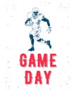 Hand drawn sketch of american football player with modern typography on white background. Detailed vintage etching style drawing. Royalty Free Stock Photo