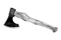 Hand drawn sketch of axe in black isolated on white background. Detailed vintage etching style drawing. Royalty Free Stock Photo