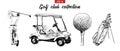 Hand drawn sketch set of golf bag, cart, ball and golfer in black isolated on white background. Detailed vintage etching drawing. Royalty Free Stock Photo