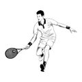 Hand drawn sketch of tennis player in black isolated on white background. Detailed vintage etching style drawing. Royalty Free Stock Photo