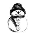 Hand drawn sketch of Christmas snowman in black isolated on white background. Detailed vintage etching style drawing.
