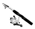 Hand drawn sketch of fishing rod in black isolated on white background. Detailed vintage etching style drawing. Royalty Free Stock Photo