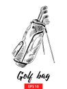 Hand drawn sketch of golf bag in black isolated on white background. Detailed vintage etching style drawing.