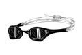 Hand drawn sketch of swimming goggles in black isolated on white background. Detailed vintage etching style drawing.