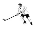 Hand drawn sketch of hockey player in black isolated on white background. Detailed vintage etching style drawing. Royalty Free Stock Photo