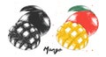 Hand drawn sketch of mango fruit in monochrome and colorful. Detailed vegetarian food drawing