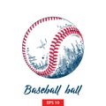 Hand drawn sketch of baseball or softball ball in color isolated on white background.