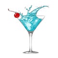 Hand drawn sketch of blue lagoon cocktail with splashes, colorful isolated on white background.