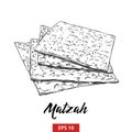 Hand drawn sketch of Jewish Passover matzah in black isolated on white background. Detailed vintage etching style drawing.