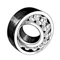 Hand drawn sketch of metal bearing in black isolated on white background. Detailed vintage etching style drawing.