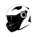 Hand drawn sketch of motorcycle helmet in black isolated on white background. Detailed vintage etching style drawing. Royalty Free Stock Photo