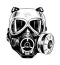 Hand drawn sketch of paintball mask in black isolated on white background. Detailed vintage etching style drawing.