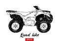 Hand drawn sketch of quad bike in black isolated on white background. Detailed vintage etching style drawing. Royalty Free Stock Photo