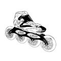 Hand drawn sketch of roller skates in black isolated on white background. Detailed vintage etching style drawing.