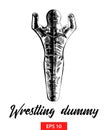 Hand drawn sketch of wrestling dummy in black isolated on white background. Detailed vintage etching style drawing.