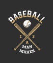 Hand drawn sketch of baseball ball and bat with motivational sport typography on dark background. Baseball is a man maker