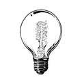 Hand drawn sketch of light bulb in black isolated on white background. Detailed vintage etching style drawing Royalty Free Stock Photo