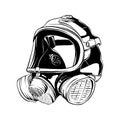 Hand drawn sketch of firefighter gas mask isolated on white background. Detailed vintage etching style drawing Royalty Free Stock Photo