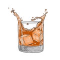 Vector engraved style Scotch Whiskey alcoholic cocktail with ice cubes, splashes illustration for posters, decoration, menu and Royalty Free Stock Photo