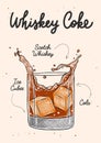 Vector engraved style Whiskey Coke cocktail with ice cubes and splashes illustration for posters, decoration, menu and print. Hand Royalty Free Stock Photo