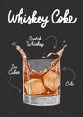 Vector engraved style Whiskey Coke cocktail with ice cubes and splashes illustration for posters, decoration, menu and print. Hand Royalty Free Stock Photo