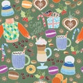 Vector Enjoy Winter collection. Set of winter holidays on colorful background. Seamless pattern with winter clothes, sweets