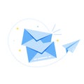 Vector envelope icon and paper airplane. The postal envelope is blue. Illustration of an envelope in a cartoon style Royalty Free Stock Photo