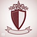 Vector eps8 aristocratic symbol. Festive graphic shield with five stars and curvy ribbon - decorative luxury security template. C