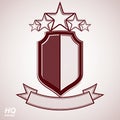 Vector eps8 aristocratic symbol. Festive graphic shield with five stars and curvy ribbon - decorative luxury security template.