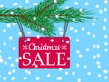 Vector eps 10 christmas sale banner with red poster with white text christmas sale hanging from spruce tree branch Royalty Free Stock Photo