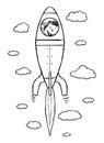 Hand drawn black and white illustration of a boy in a rocket. Royalty Free Stock Photo