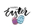 Vector EPS10 hand written lettering illustration for happy easter banner, poster, sale invitation template with colorful eggs in