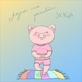 Vector eps10 illustration cute happy piggy doing yoga exercise on colored floor mat, and motivating title
