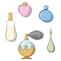 Vector EPS 10 illustration perfume sprayer and four perfume bottles hand drawn color set Royalty Free Stock Photo