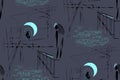 Vector EPS10 seamless pattern Ã¢â¬â Moon Catwalk. A woman stays at night on a roof in a cityscape looking at a big black cat.