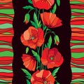 Vector eseamless pattern with outline red Poppy flower, bud and green leaves on the striped black background. Floral border. Royalty Free Stock Photo