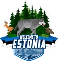 Vector Estonia woodland forest emblem with wolf, boar and roe deer