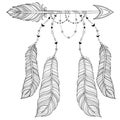 Vector ethnic Arrow with bird feathers, boho style concept. Amer