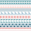 Vector ethnic boho seamless pattern in maori style. Geometric border with decorative ethnic elements. Pink and blue