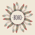 Vector ethnic illustration with feather frame in boho style Royalty Free Stock Photo