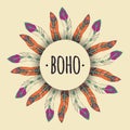 Vector ethnic illustration with feather frame in boho style Royalty Free Stock Photo