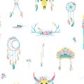 Vector ethnic seamless pattern. Native American dream catcher with feathers. Ethnic design,hand-drawn boho chic, tribal symbol.