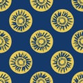 Vector ethnic and tribal motifs seamless pattern background. Yellow painterly grunge style sun symbol circles on blue Royalty Free Stock Photo