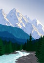 Vector evening in beautiful mountains forest river Royalty Free Stock Photo