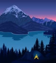 Vector evening camp near beautiful mountains lake. Royalty Free Stock Photo