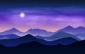 Vector evening or night landscape with blue and violet silhouettes of mountains and starry sky with moon Royalty Free Stock Photo