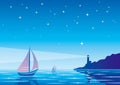 Vector evening seascape with sailboat, lighthouse and clear star Royalty Free Stock Photo