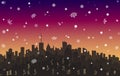 Vector evening snowy landscape city. Metropolis skyline wallpaper with snowflakes. Winter cityscape silhouette