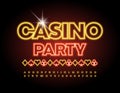 Vector event flyer Casino Party. Neon glowing Alphabet