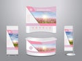Vector exhibition stand with cover spring flower field background Royalty Free Stock Photo